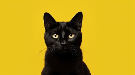 Portrait of a black cat on a yellow background with space for text