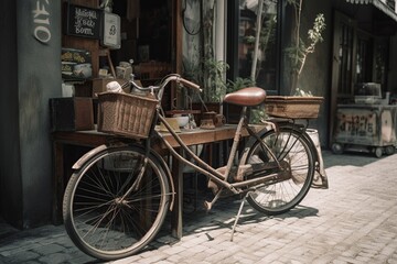 old bicycle in front of a shop.AI Generated