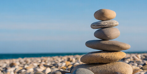 stone tower natural pebble stone on the beach balancing body mind soul and spirit mental hea