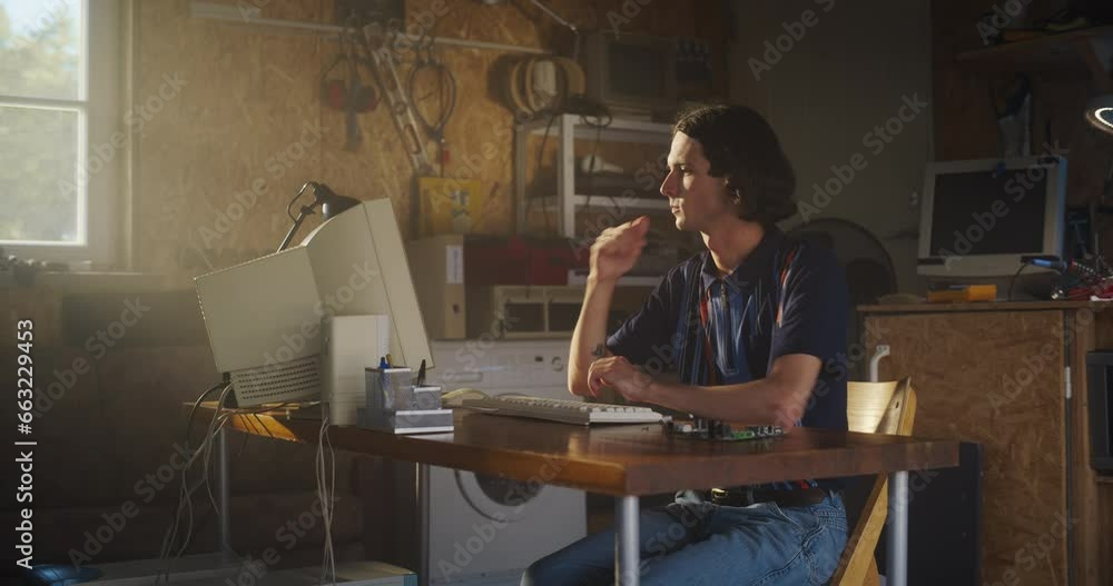 Poster caucasian male software engineer programming on old desktop computer in retro garage with random app