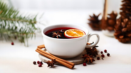 Obraz na płótnie Canvas A glass of hot mulled wine with spices and orange