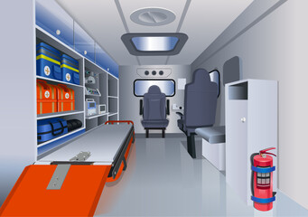 Ambulance with open doors. Inside view of ambulance isolated on a white background. © NADEZHDA