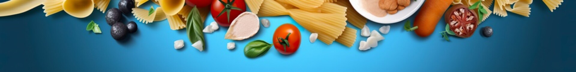 Web page banner of famous Italian food recipes on clean blue background. - obrazy, fototapety, plakaty