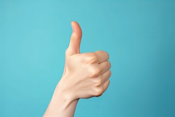 Thump up hand sign isolated on blue background. Copy space for your text. AI Generated