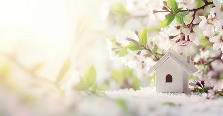 Tuinposter Toy house and cherry flowers, spring abstract natural background. © MKhalid