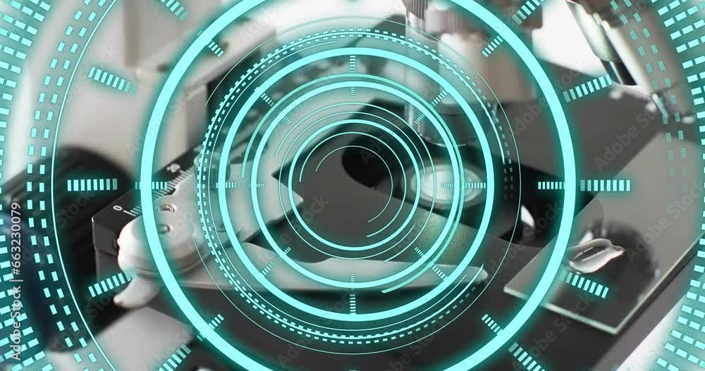 Poster animation of scope scanning over laboratory microscope on white background