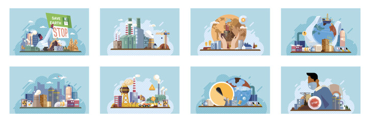 Industrial pollution. Dirty waste. Environmental pollution. Vector illustration. Smokes with smog are causing rise in lung diseases Trash emission must be controlled with better recycling methods