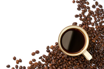 Black coffee and coffee beans on white background