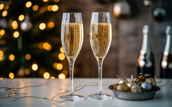 Glasses with champagne on the background of Christmas decorations.