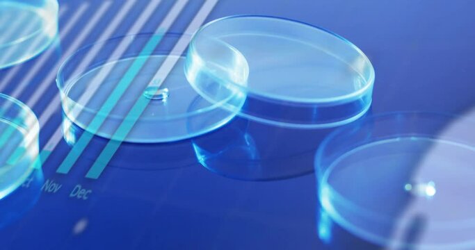 Animation of scientific data processing over laboratory dishes on blue background