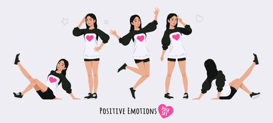 Asian girl, korean narrow eye woman in positive emotions pose set. Wearing cute outfit, oversized crewneck, loose sweatshirt, long sleeve, shorts. Cool looking teenager. Cartoon character illustration