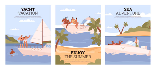 Naklejka premium Set of summer vacation posters with people sailing on yachts and speedboats, flat vector illustration.