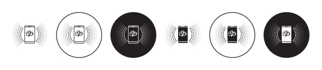 Wireless charging icon set. electric wireless phone charge vector symbol. wireless fast car smartphone charger line icon in black filled and outlined style.