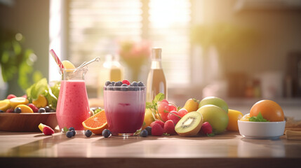 Fruits, smoothies and vegetables on the table - balanced diet, cooking, culinary and food concept -...