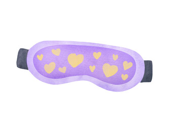 watercolor Purple Sleep Mask with yellow hearts isolated on transparent background. Good night Cute accessory for pajama party, Relaxation, wellbeing. comfort bedtime help with insomnia, sound sleep