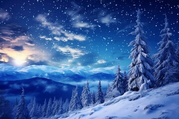 Fototapeta na wymiar Forest on a mountain ridge covered with snow. milky way in a starry sky. christmas winter night, generative ai