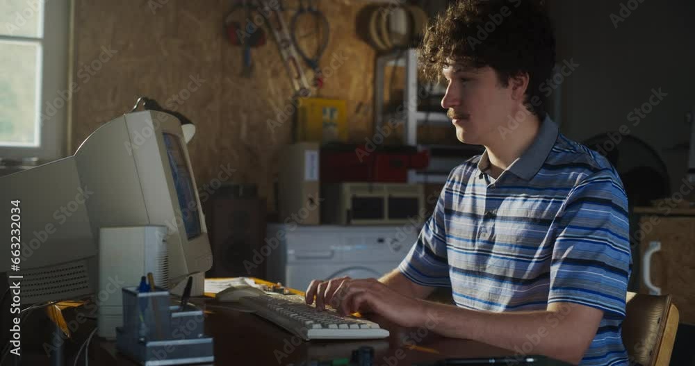 Poster caucasian male software engineer programming on old desktop computer in retro garage with random app