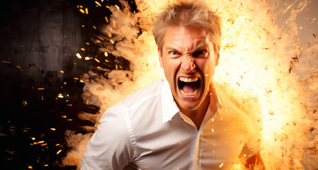 Hombre rubio nórdico sorprendido y enfadado ante explosión, expresando frustración y shock en fondo negro. - obrazy, fototapety, plakaty