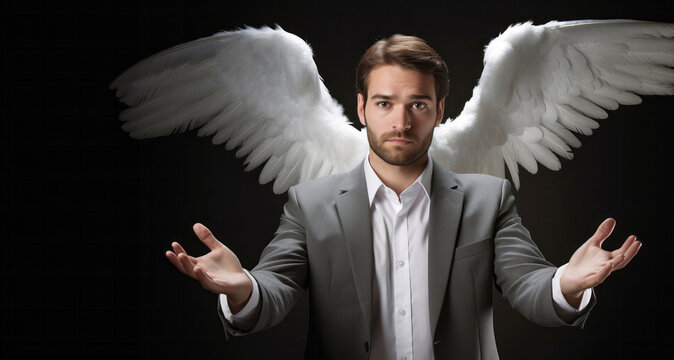Retrato de hombre joven (25-35 a&ntilde;os) con cabello moreno y barba, vestido con traje. Posee alas blancas y extiende sus manos en se&ntilde;al de invitaci&oacute;n y transparencia. Su expresi&oacute;n es seria pero decidida.