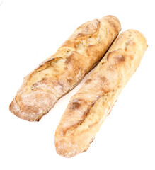 freshly baked baguettes isolated on white background