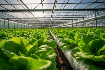 Thriving romaine lettuce in a stunning, spotless greenhouse farm. Generative AI