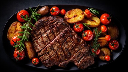 Medium Rare. Succulent roast beef steak served with tomatoes and grilled vegetables on a wooden board with herbs and spices