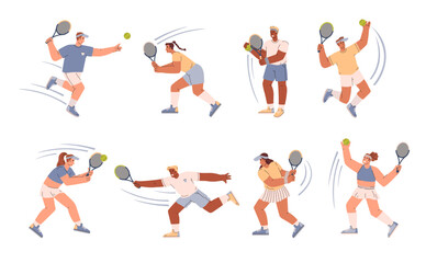 Set of tennis players in different poses flat style, vector illustration