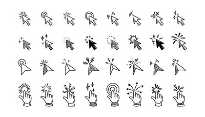 Doodle click icon set. Hand drawn mouse cursor. Press here tap button. Arrow and finger pointer. Sketch vector illustration - obrazy, fototapety, plakaty