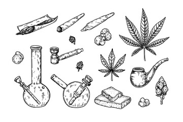 Weed smoking tools. Cannabis joint. Hand drawn marijuana spliff. Glass hemp bong. Tobacco pipe. Vector illustration in sketch style