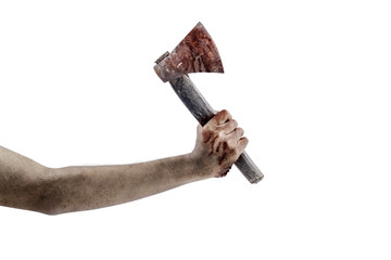The hand of a scary zombie with blood and wounds carrying an axe