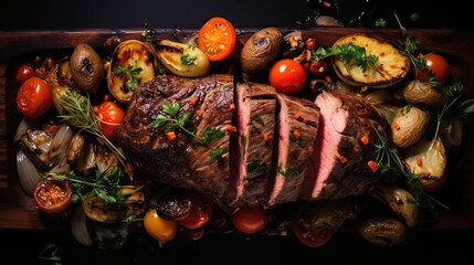 Medium Rare. Succulent roast beef steak served with tomatoes and grilled vegetables on a wooden board with herbs and spices