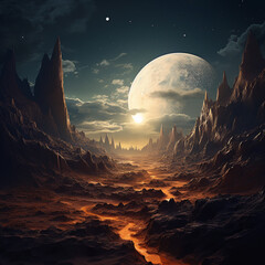 Fantasy Land with Big Bright Moon - Moon in sky at night background asset - ai
 - obrazy, fototapety, plakaty
