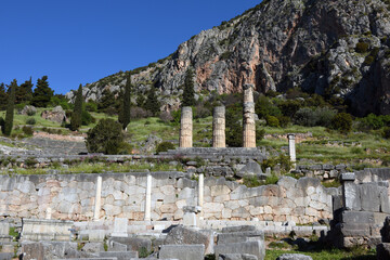 Apollo Temple in Delphi, an archaeological site in Greece, at the Mount Parnassus. Delphi is famous by the oracle at the sanctuary dedicated to Apollo
