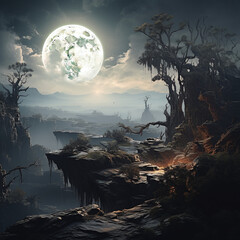 Fantasy Land with Big Bright Moon - Moon in sky at night background asset - ai
 - obrazy, fototapety, plakaty