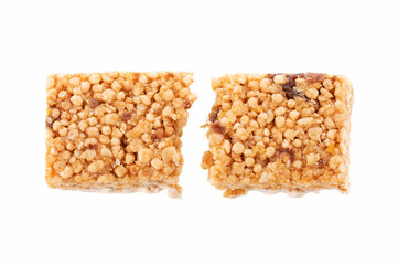 Oat and nut bar isolated on white. Granola bar. Healthy sweet dessert snack. Cereal granola bar with nuts, fruit and berries. Healthy munchies. 