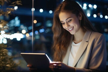 Happy, tablet and night with woman office for technology, corporate and communication, Social media, connection and internet with business female and search online for networking, email and website