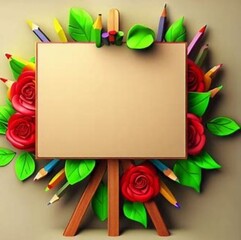 3D computer-rendered image of art board made up of a wood stand with  colored pencils green leaves and red roses on a paper corner   frame used as mock-up With realistic stylish background, 4k