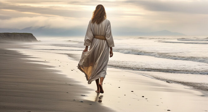Women Walking Alone with Cover White Cloth at Beautiful Beach Background