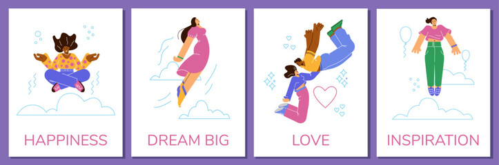Happy people floating or flying in the air, posters set - flat vector illustration.
