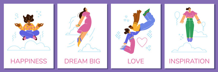 Happy people floating or flying in the air, posters set - flat vector illustration.