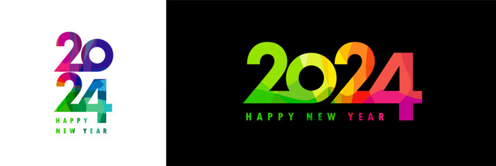 Happy New Year 2024 colorful facet typography logo design. Premium vector illustration corporate greeting and new year 2024 celebration