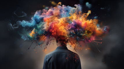 Human head exploding with knowledge and creativity. colorful colors, Bright idea, creative thinking and brainstorming concept - obrazy, fototapety, plakaty