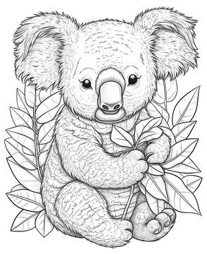 koala bear holding leaves black and white clip art preview