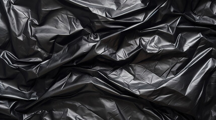 Black wrinkled plastic wrap texture. Crumpled dark thin plastic background. Generative AI - obrazy, fototapety, plakaty