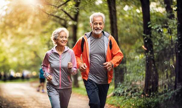Smiling elderly couple are jogging in city park. Happy grandparents jogging together.