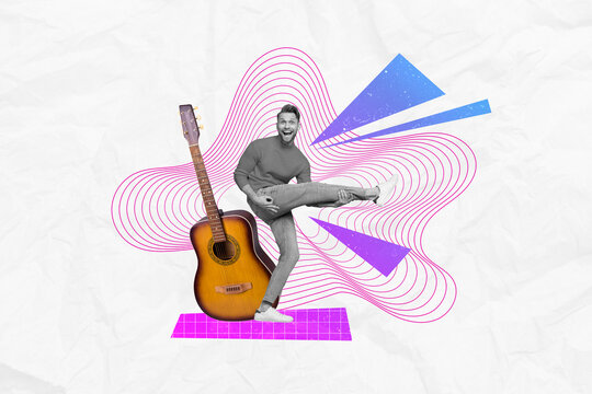 Creative composite illustration photo collage of funny overjoyed guy play on leg instead of guitar on party isolated on painted background