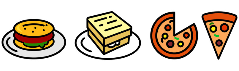 Hamburger, toast, pizza, and pizza slice icons. Line art style editable vector graphics. Menu design website design concept.