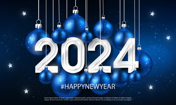 Christmas New Year poster template, hanging 3d baubles, 2024 numbers on magic blue background. 2024 sign in hanging 3d blue Xmas bauble balls. Holiday Celebration greeting card. Holiday Vector EPS10.