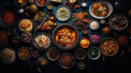 Arabian Food: Traditional Middle Eastern Lunch, Food that Muslims eat after sunset during Ramadan. an assortment of oriental Arab foods. Close-up top view. Generative AI