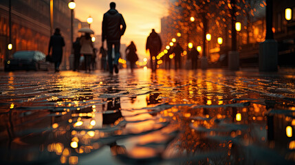 Water Reflection of People Walking on a Busy Street Under The Rain Golden Light Background Selective Focus